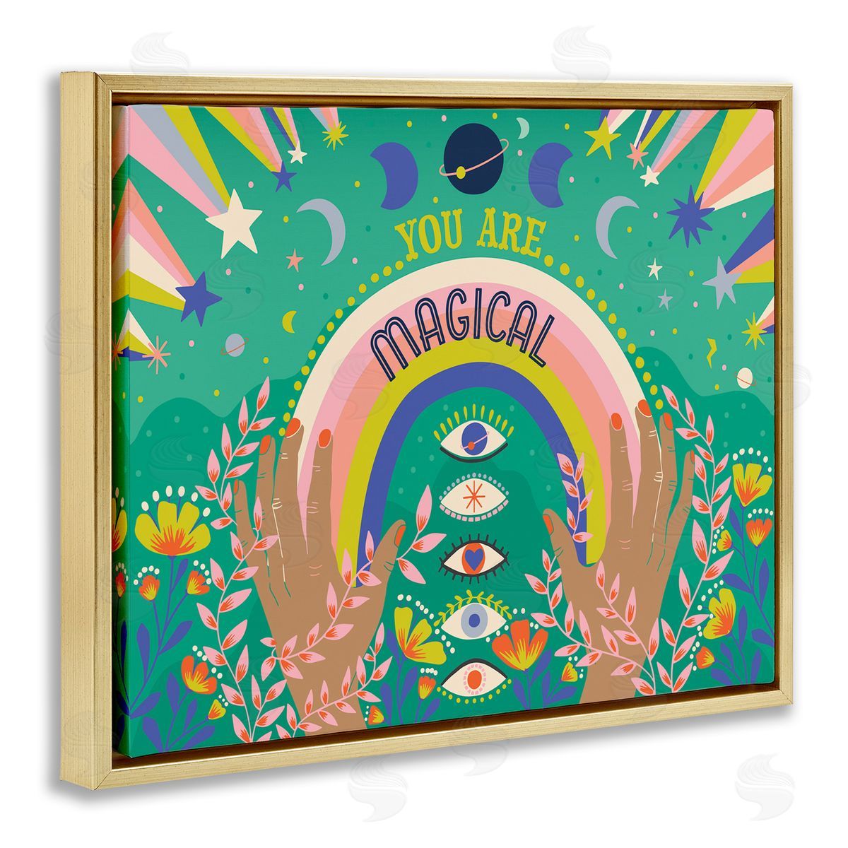 Caroline Alfreds You Are Magical Phrase Rainbow Under Constellations Gold Floater Frame Canvas Art