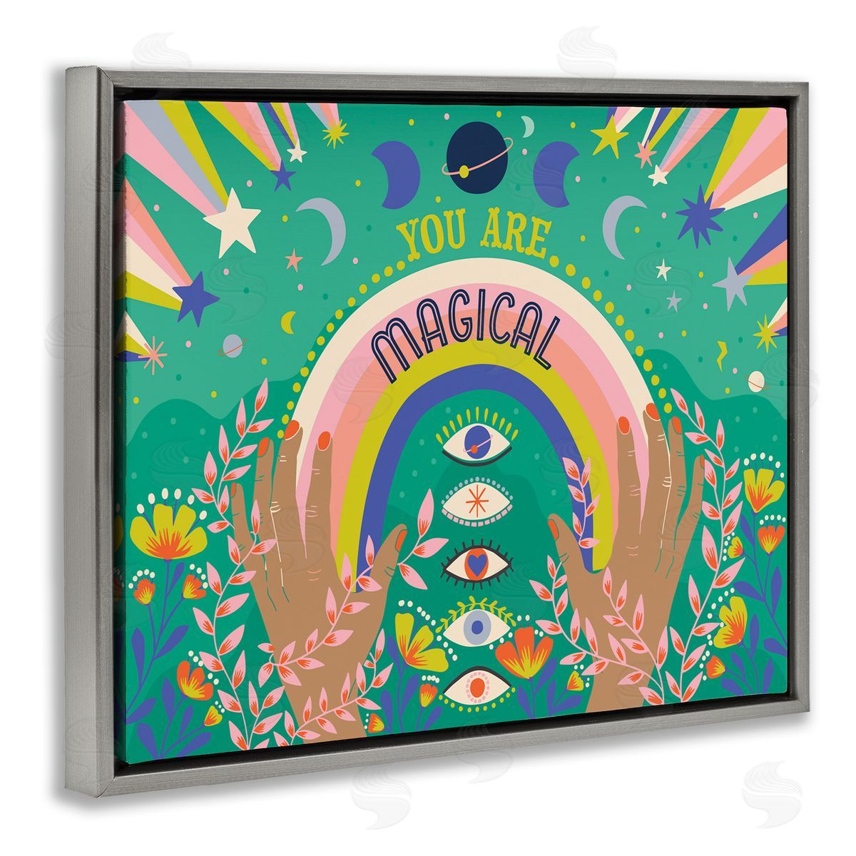 Caroline Alfreds You Are Magical Phrase Rainbow Under Constellations Gray Floater Frame Canvas Art