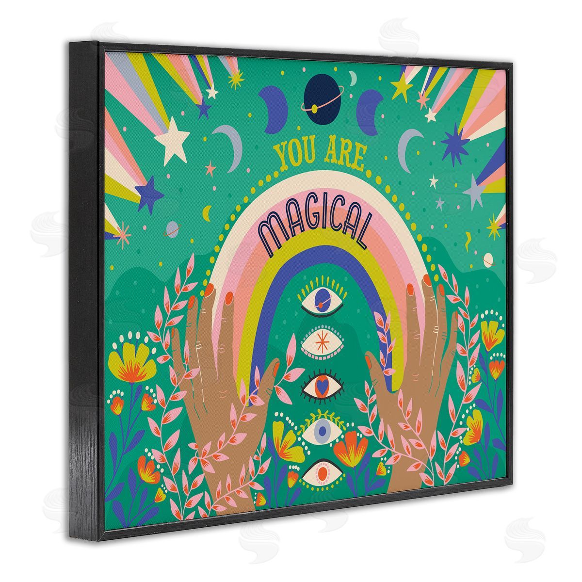 Caroline Alfreds You Are Magical Phrase Rainbow Under Constellations Black Framed Giclee Wall Art