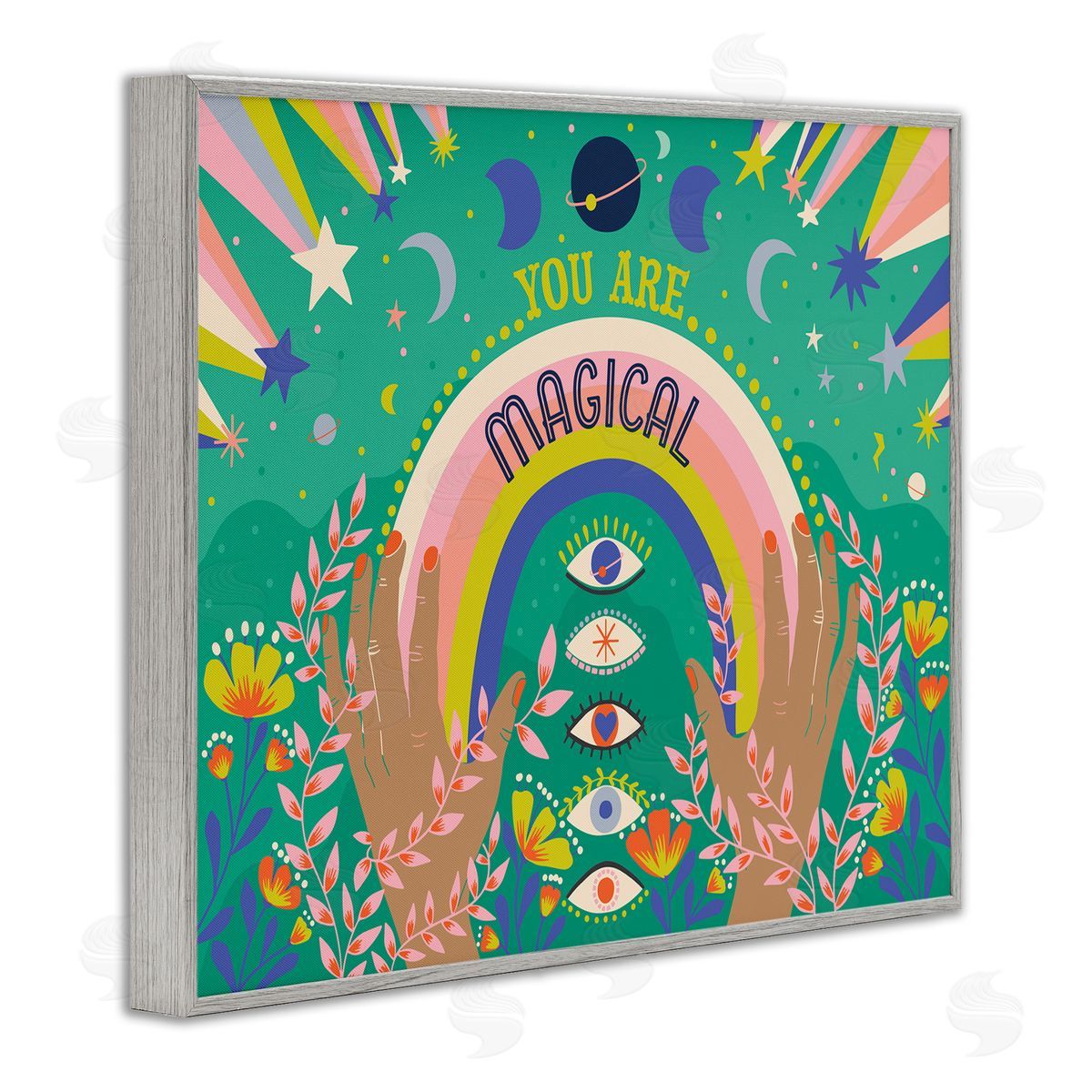 Caroline Alfreds You Are Magical Phrase Rainbow Under Constellations Gray Framed Giclee Wall Art