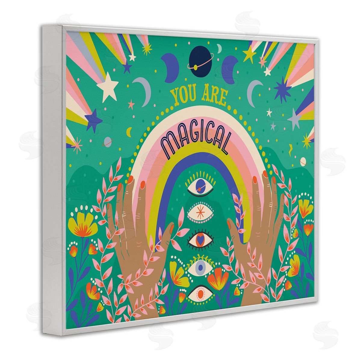 Caroline Alfreds You Are Magical Phrase Rainbow Under Constellations White Framed Giclee Wall Art