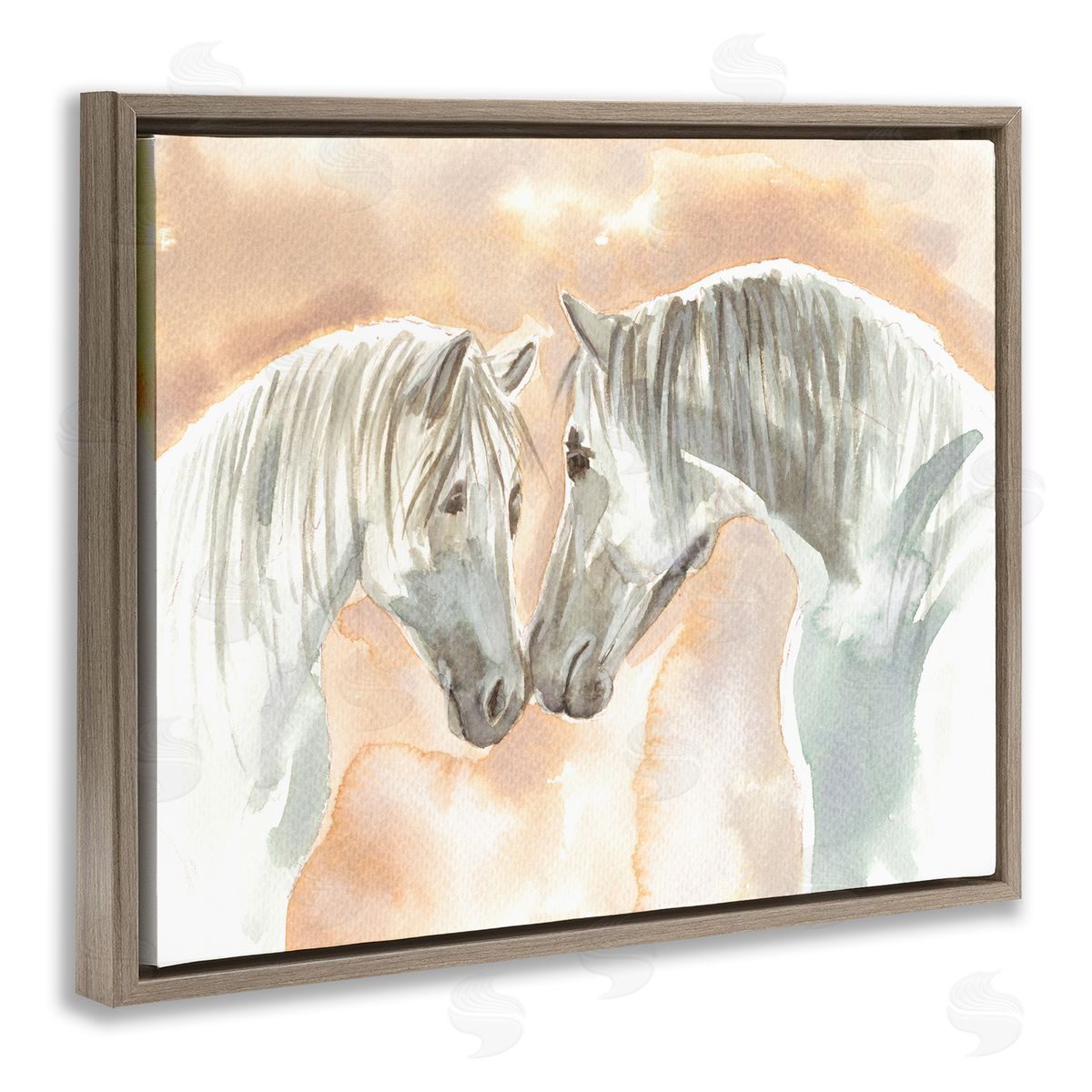 Elvira Errico White Horses Touching Noses Orange White Tan Brown Floater Frame Canvas Art
