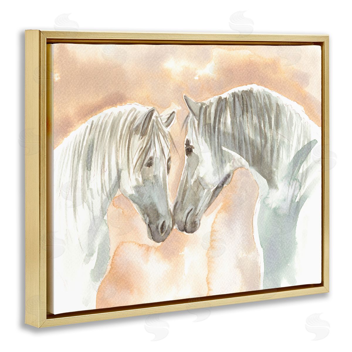 Elvira Errico White Horses Touching Noses Orange White Tan Gold Floater Frame Canvas Art