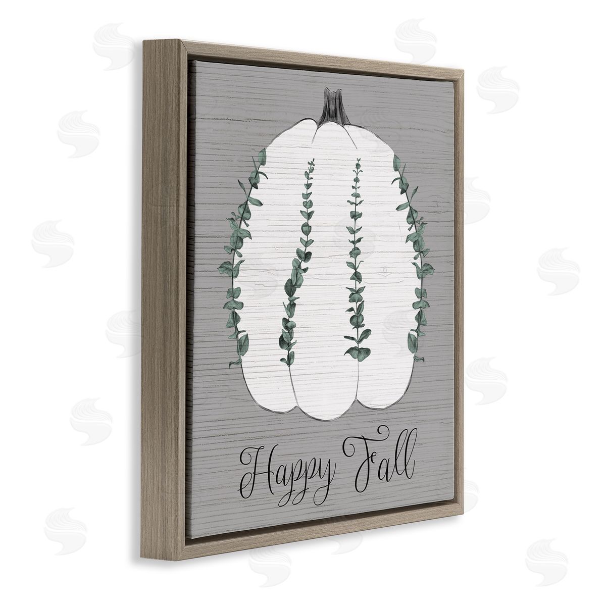 Stupell Studio Happy Fall Pumpkin with Green Eucalyptus Detail  Brown Floater Frame Canvas Art