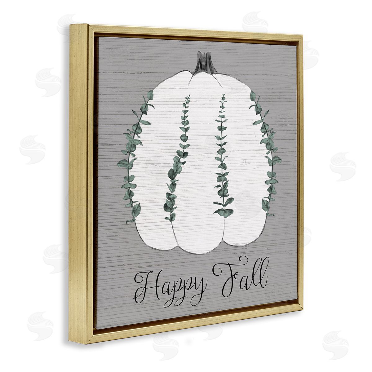 Stupell Studio Happy Fall Pumpkin with Green Eucalyptus Detail  Gold Floater Frame Canvas Art