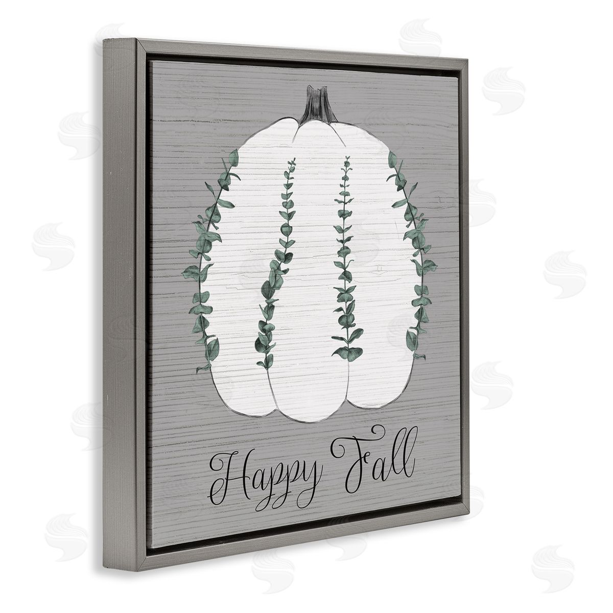 Stupell Studio Happy Fall Pumpkin with Green Eucalyptus Detail  Gray Floater Frame Canvas Art