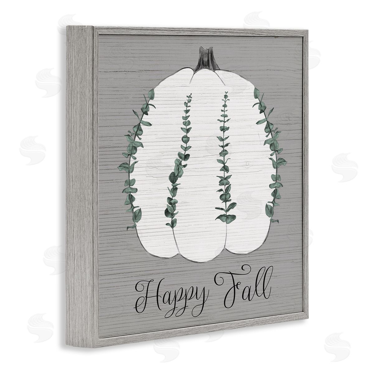 Stupell Studio Happy Fall Pumpkin with Green Eucalyptus Detail  Gray Framed Giclee Wall Art