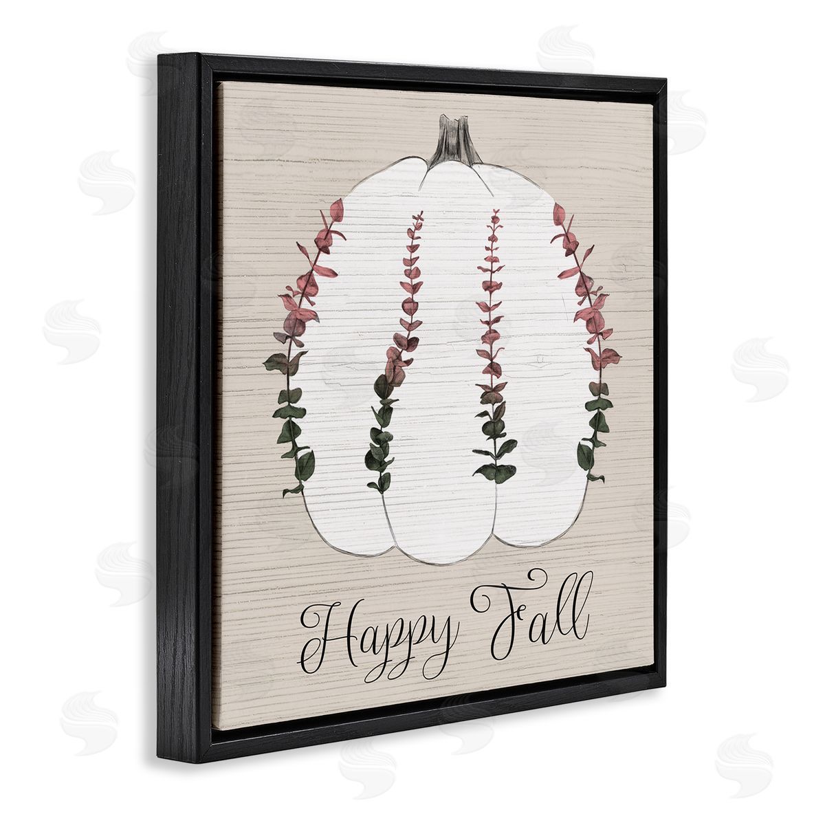 Stupell Studio Happy Fall Ombre Eucalyptus Pumpkin Harvest Black Floater Frame Canvas Art