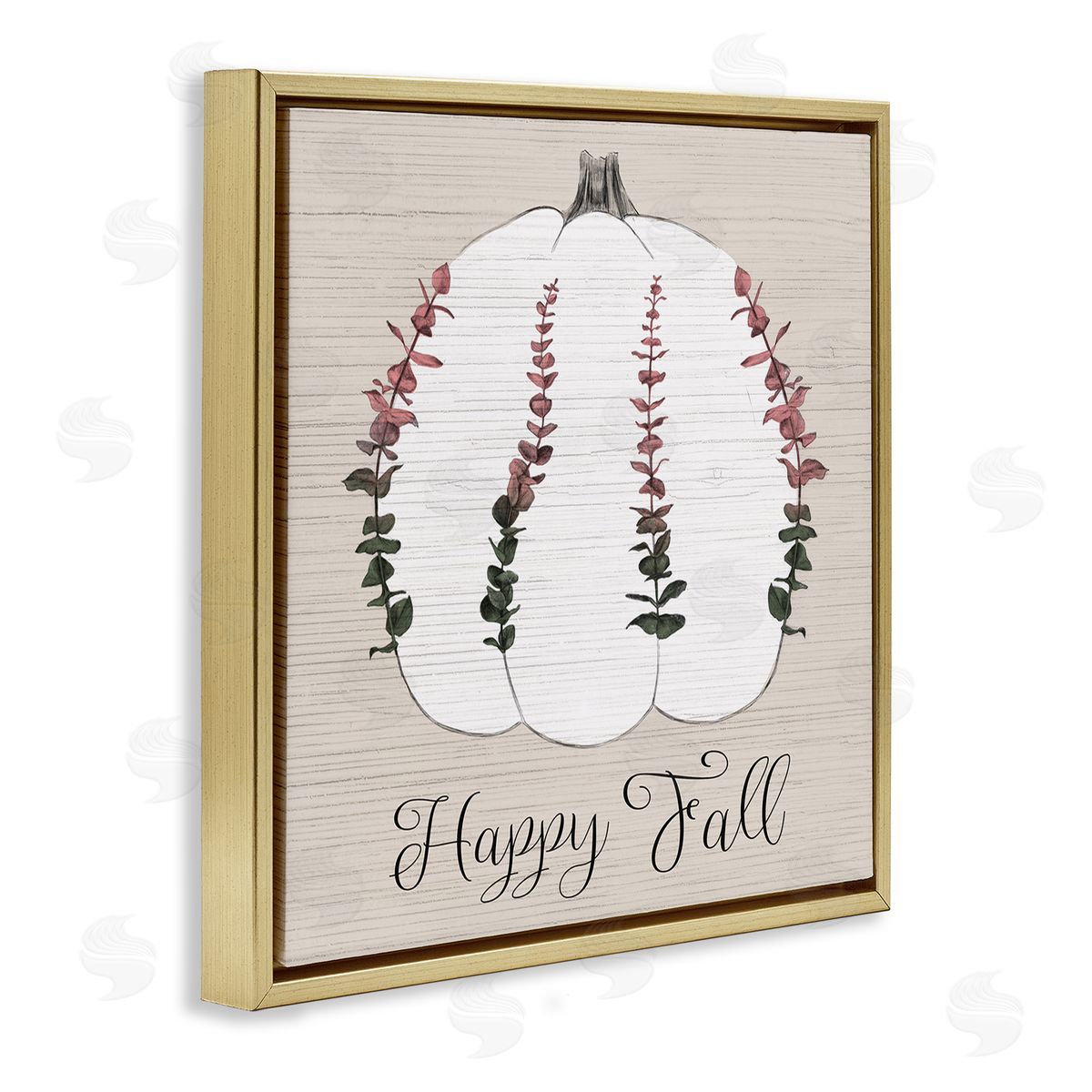 Stupell Studio Happy Fall Ombre Eucalyptus Pumpkin Harvest Gold Floater Frame Canvas Art