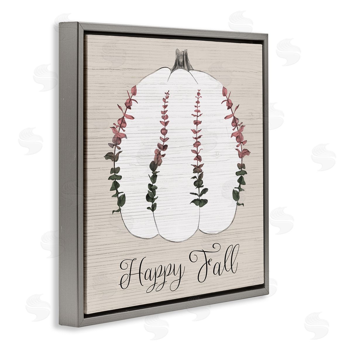 Stupell Studio Happy Fall Ombre Eucalyptus Pumpkin Harvest Gray Floater Frame Canvas Art