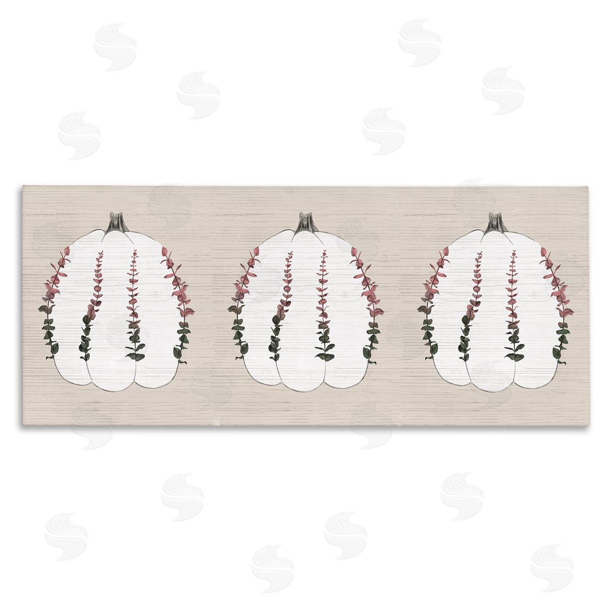 Stupell Studio Harvest Pumpkin Trio Eucalyptus over Beige Canvas Wall Art