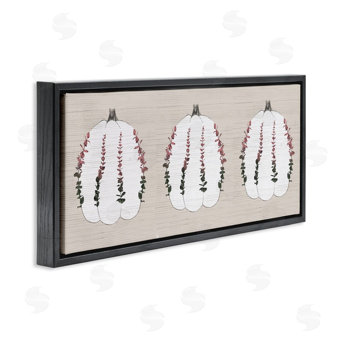 Stupell Studio Harvest Pumpkin Trio Eucalyptus over Beige Black Floater Frame Canvas Art