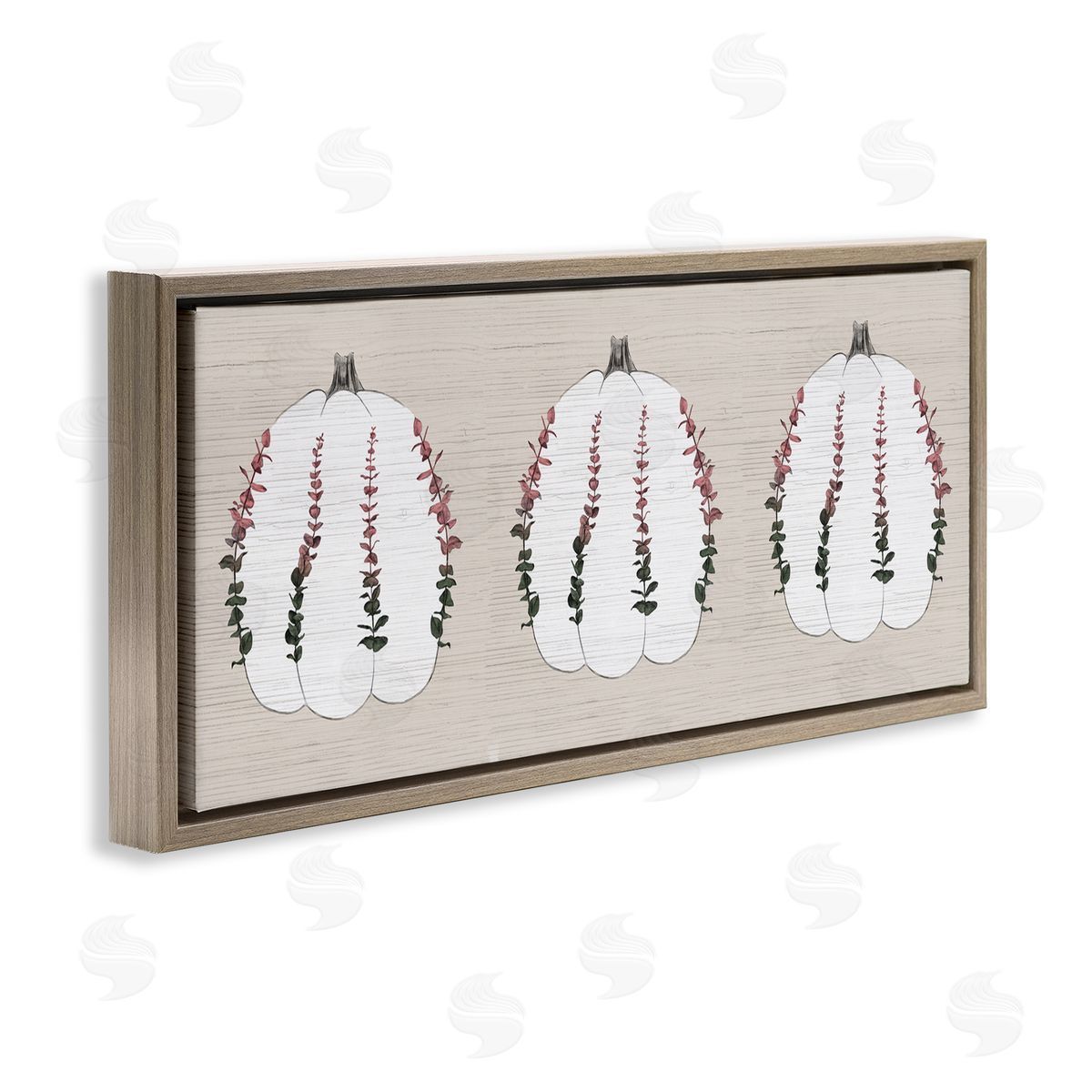 Stupell Studio Harvest Pumpkin Trio Eucalyptus over Beige Brown Floater Frame Canvas Art