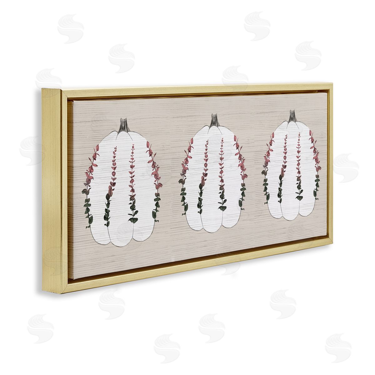 Stupell Studio Harvest Pumpkin Trio Eucalyptus over Beige Gold Floater Frame Canvas Art