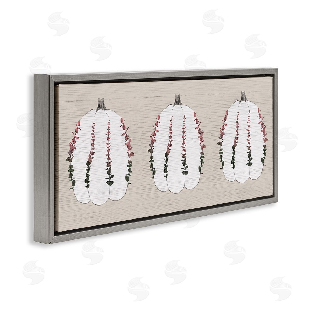 Stupell Studio Harvest Pumpkin Trio Eucalyptus over Beige Gray Floater Frame Canvas Art