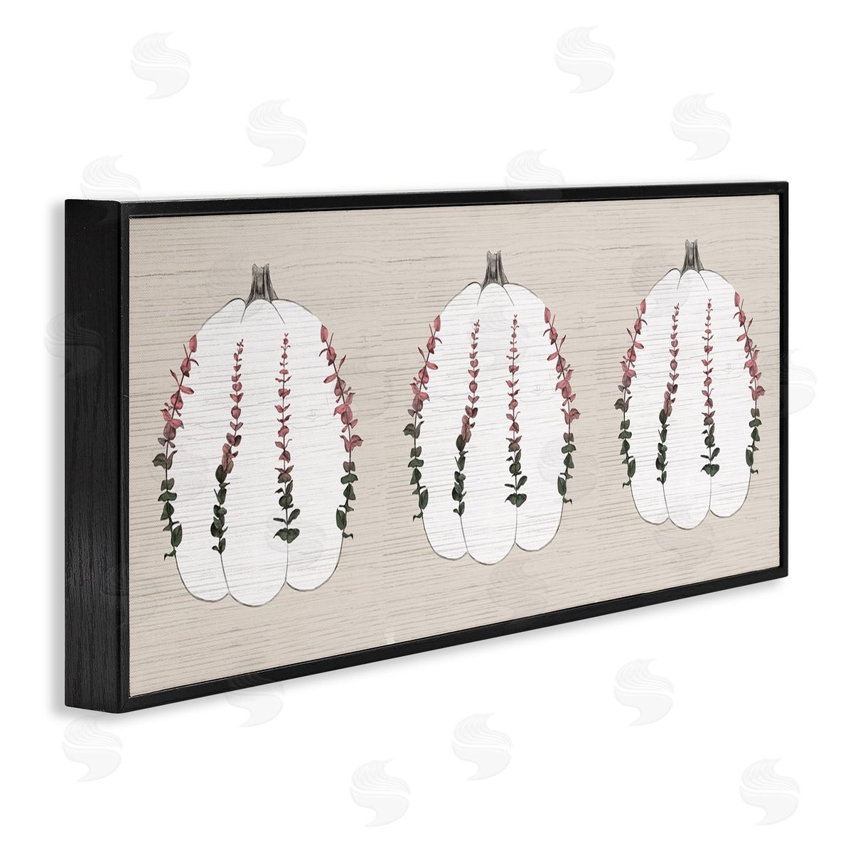Stupell Studio Harvest Pumpkin Trio Eucalyptus over Beige Black Framed Giclee Wall Art