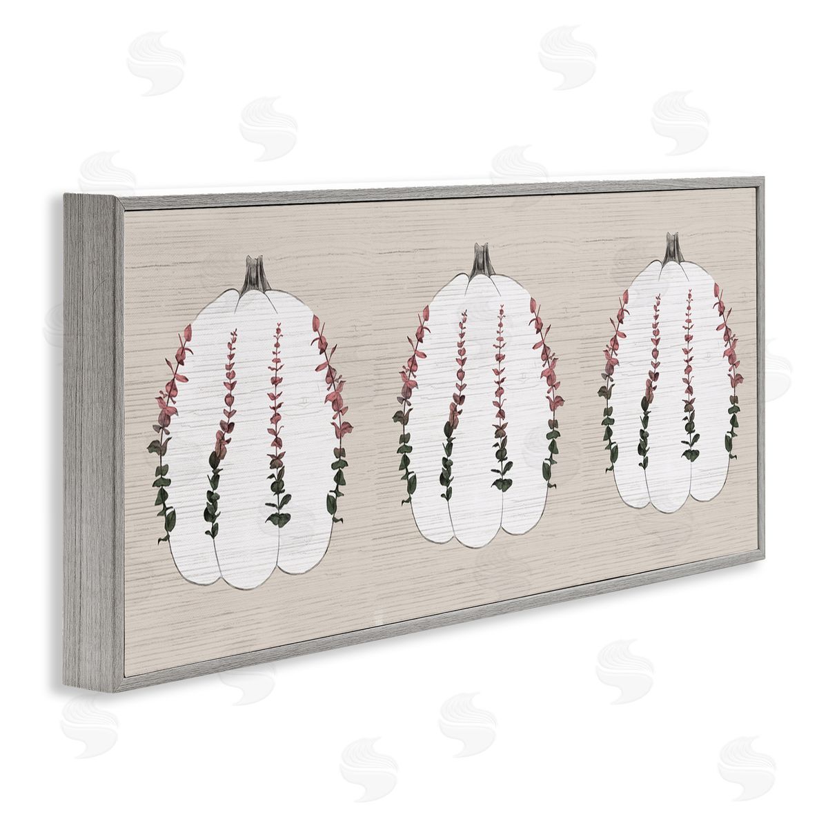 Stupell Studio Harvest Pumpkin Trio Eucalyptus over Beige Gray Framed Giclee Wall Art