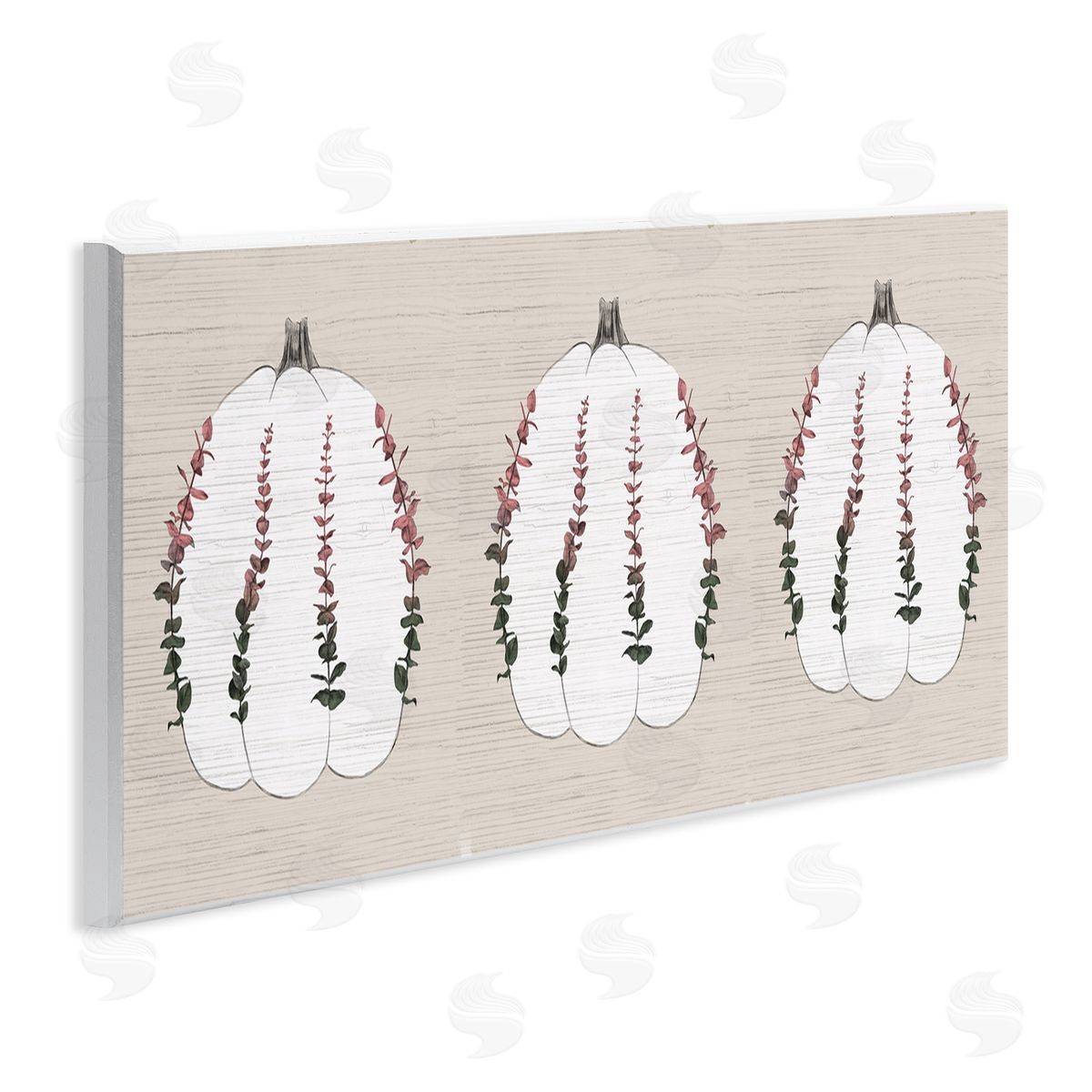 Stupell Studio Harvest Pumpkin Trio Eucalyptus over Beige Wall Plaque Art