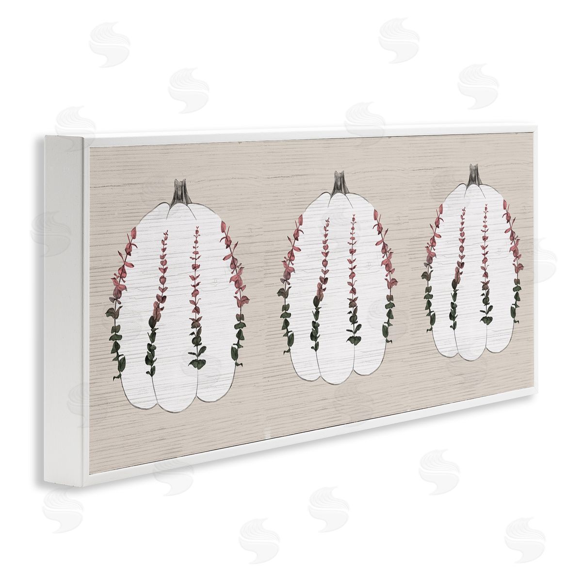 Stupell Studio Harvest Pumpkin Trio Eucalyptus over Beige White Framed Giclee Wall Art