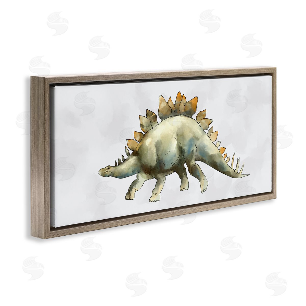 Ziwei Li Walking Stegosaurus Green Dinosaur Playful Reptile Brown Floater Frame Canvas Art