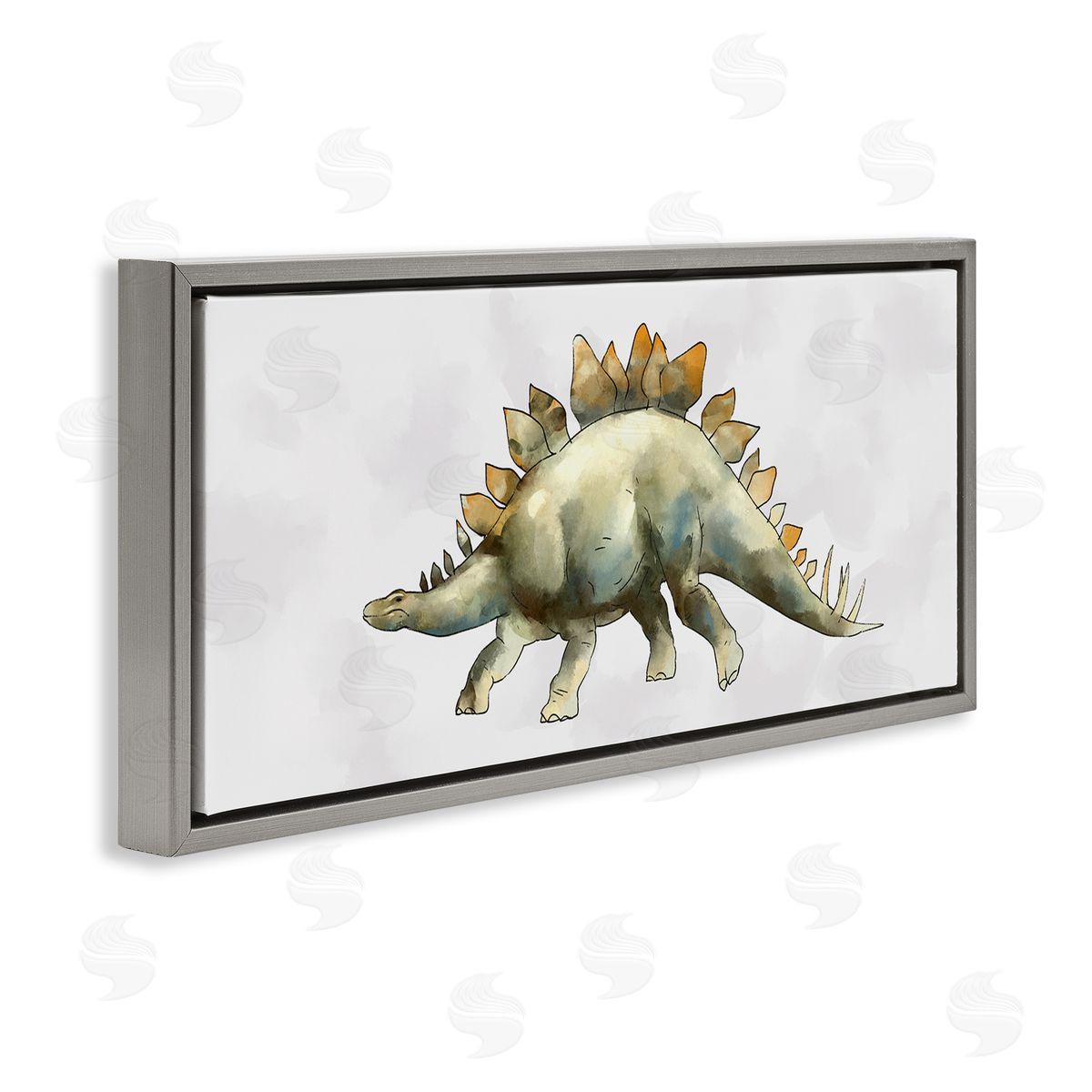 Ziwei Li Walking Stegosaurus Green Dinosaur Playful Reptile Gray Floater Frame Canvas Art