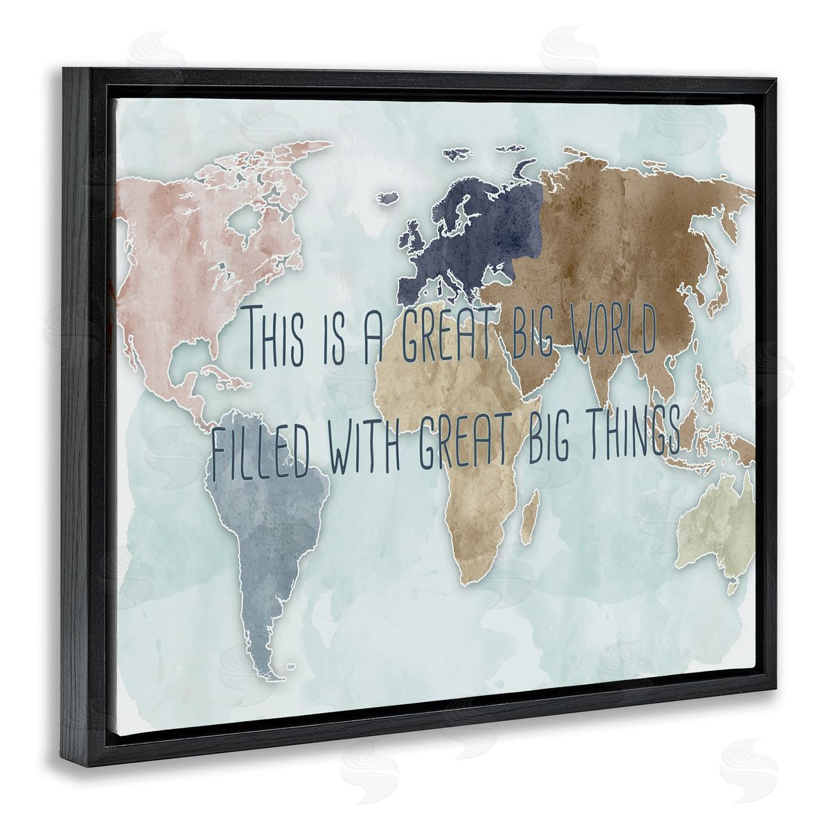 Ziwei Li This is a Great Big World Phrase Map of Continents Black Floater Frame Canvas Art