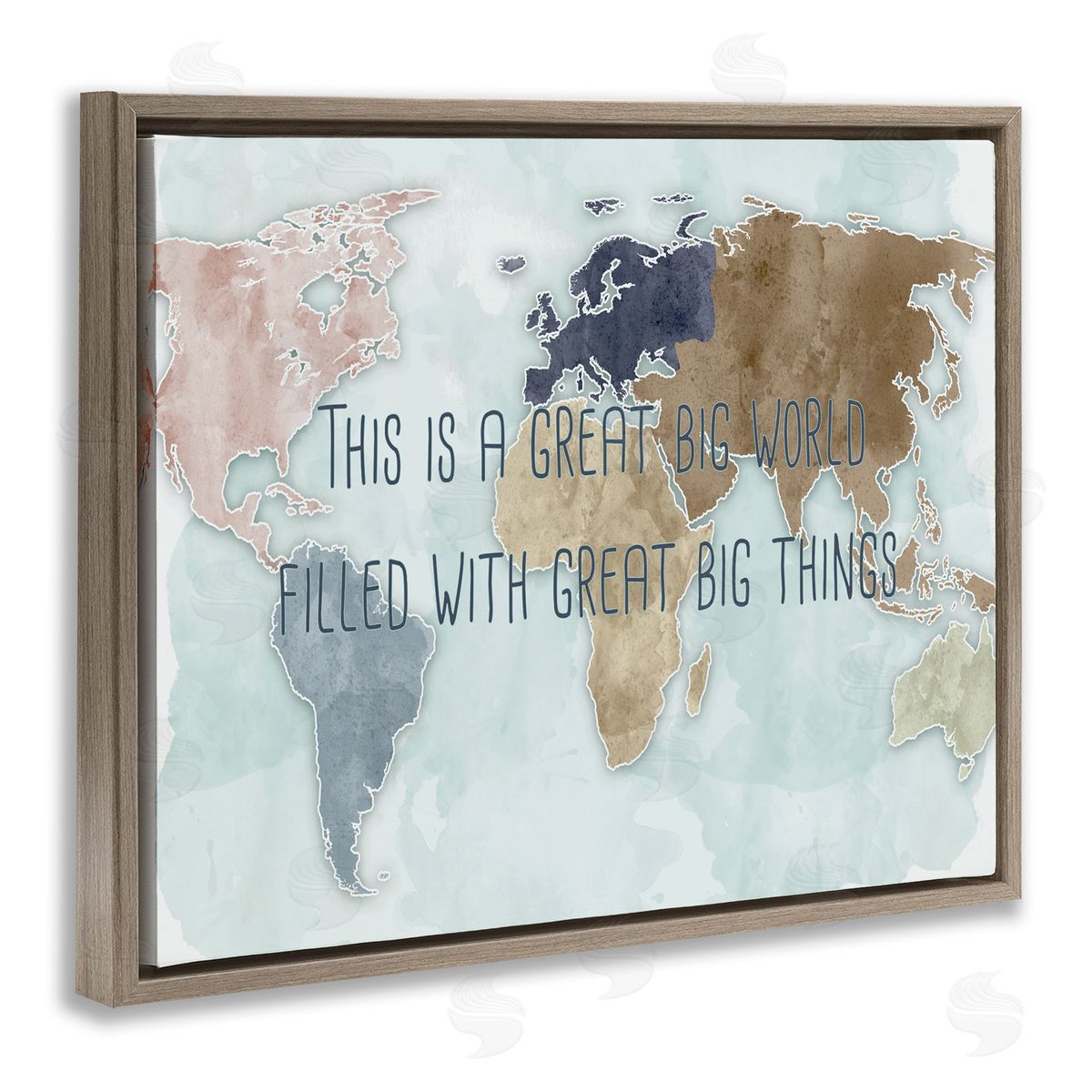 Ziwei Li This is a Great Big World Phrase Map of Continents Brown Floater Frame Canvas Art
