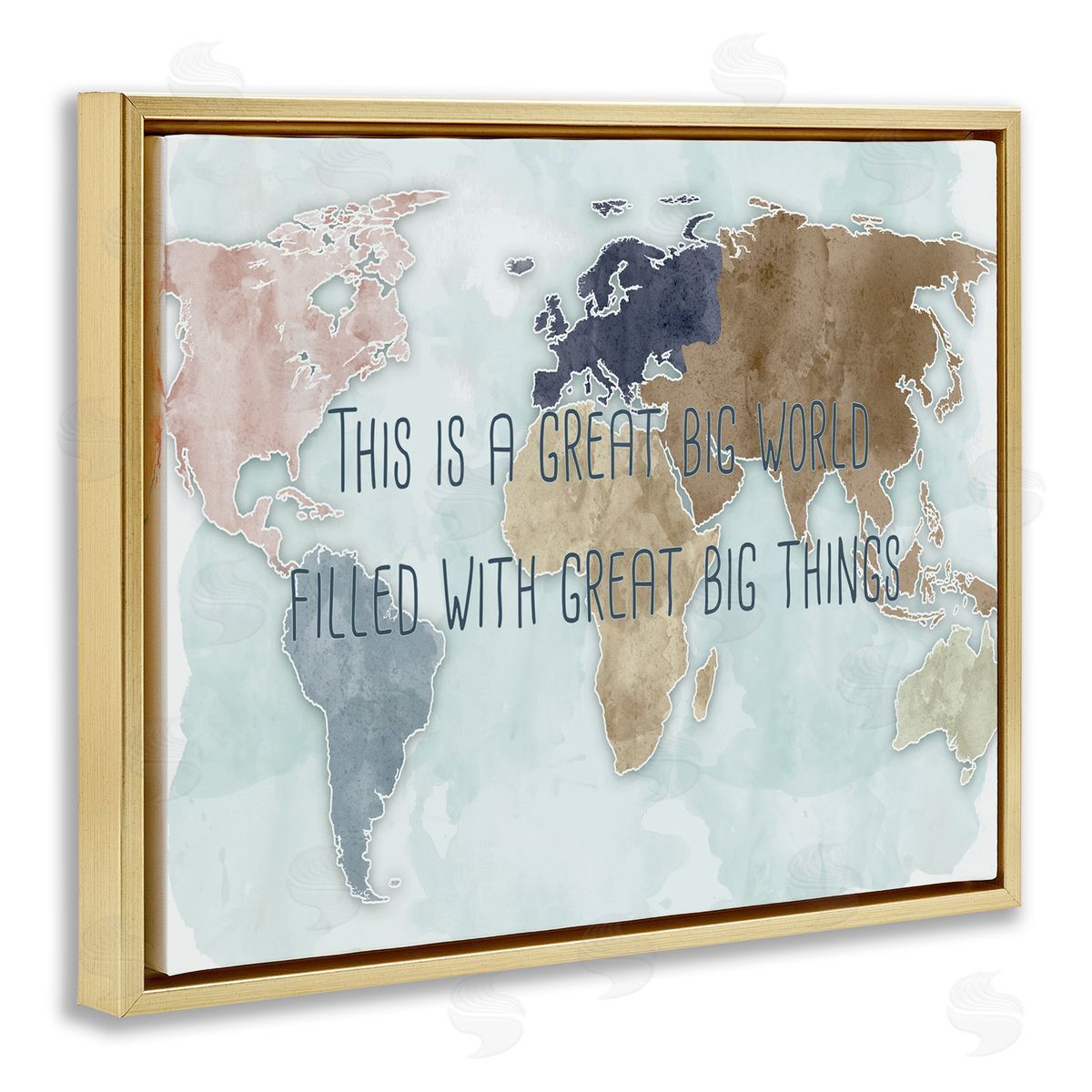 Ziwei Li This is a Great Big World Phrase Map of Continents Gold Floater Frame Canvas Art