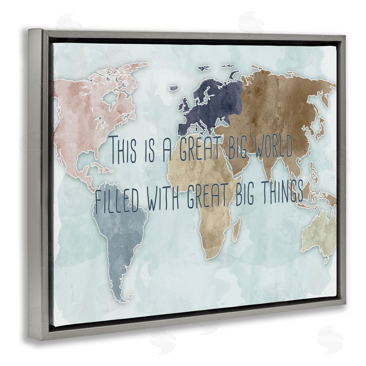 Ziwei Li This is a Great Big World Phrase Map of Continents Gray Floater Frame Canvas Art