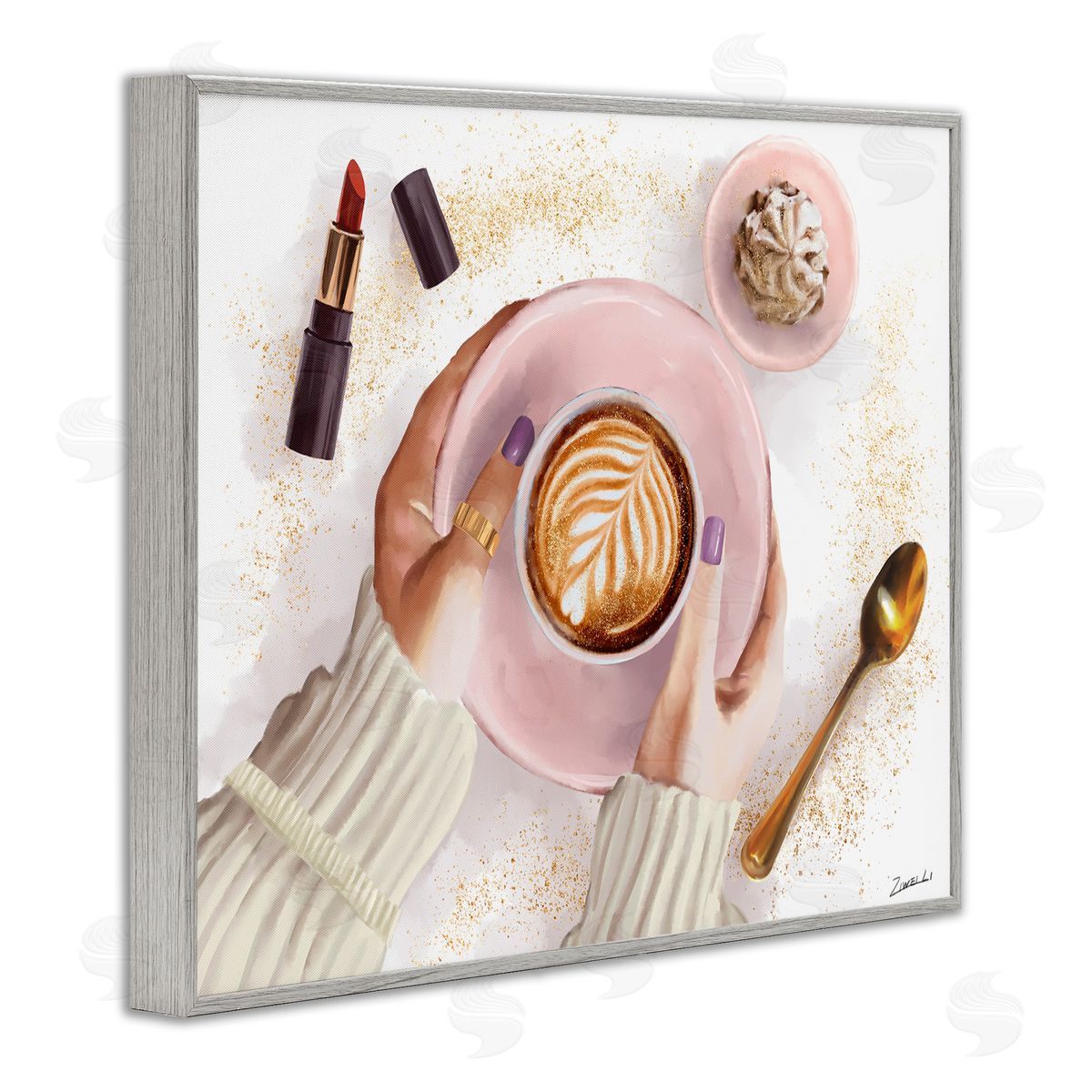 Ziwei Li Caf� Cappuccino Cup with Glam Fashion Lipstick Gray Framed Giclee Wall Art