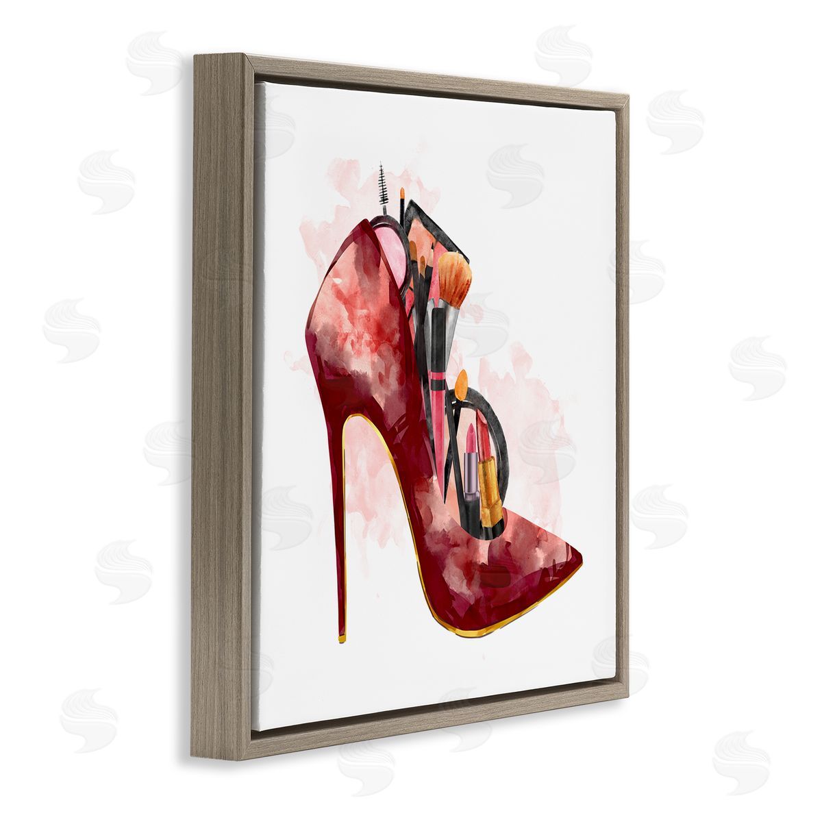 Ziwei Li Red Fashion Heels with Cosmetic Accessories Brown Floater Frame Canvas Art