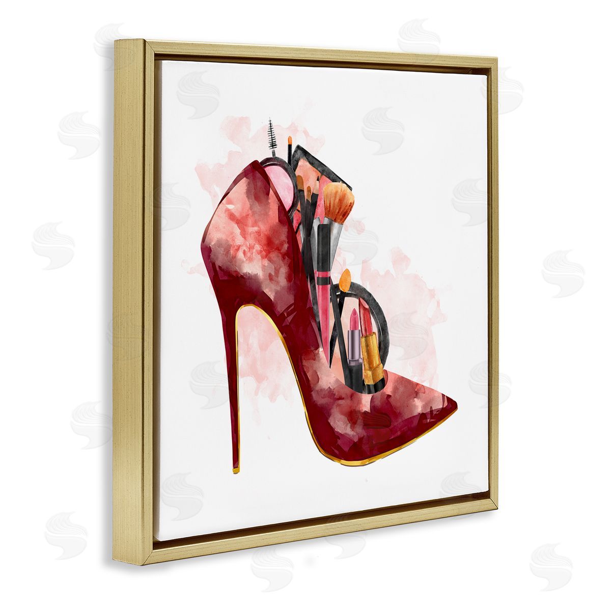 Ziwei Li Red Fashion Heels with Cosmetic Accessories Gold Floater Frame Canvas Art