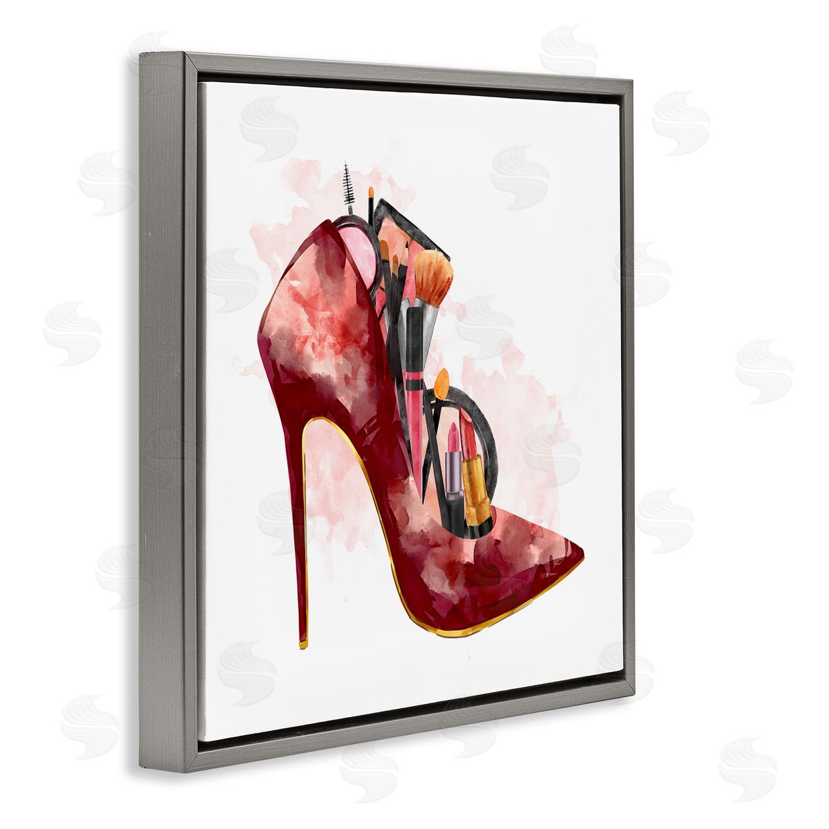 Ziwei Li Red Fashion Heels with Cosmetic Accessories Gray Floater Frame Canvas Art