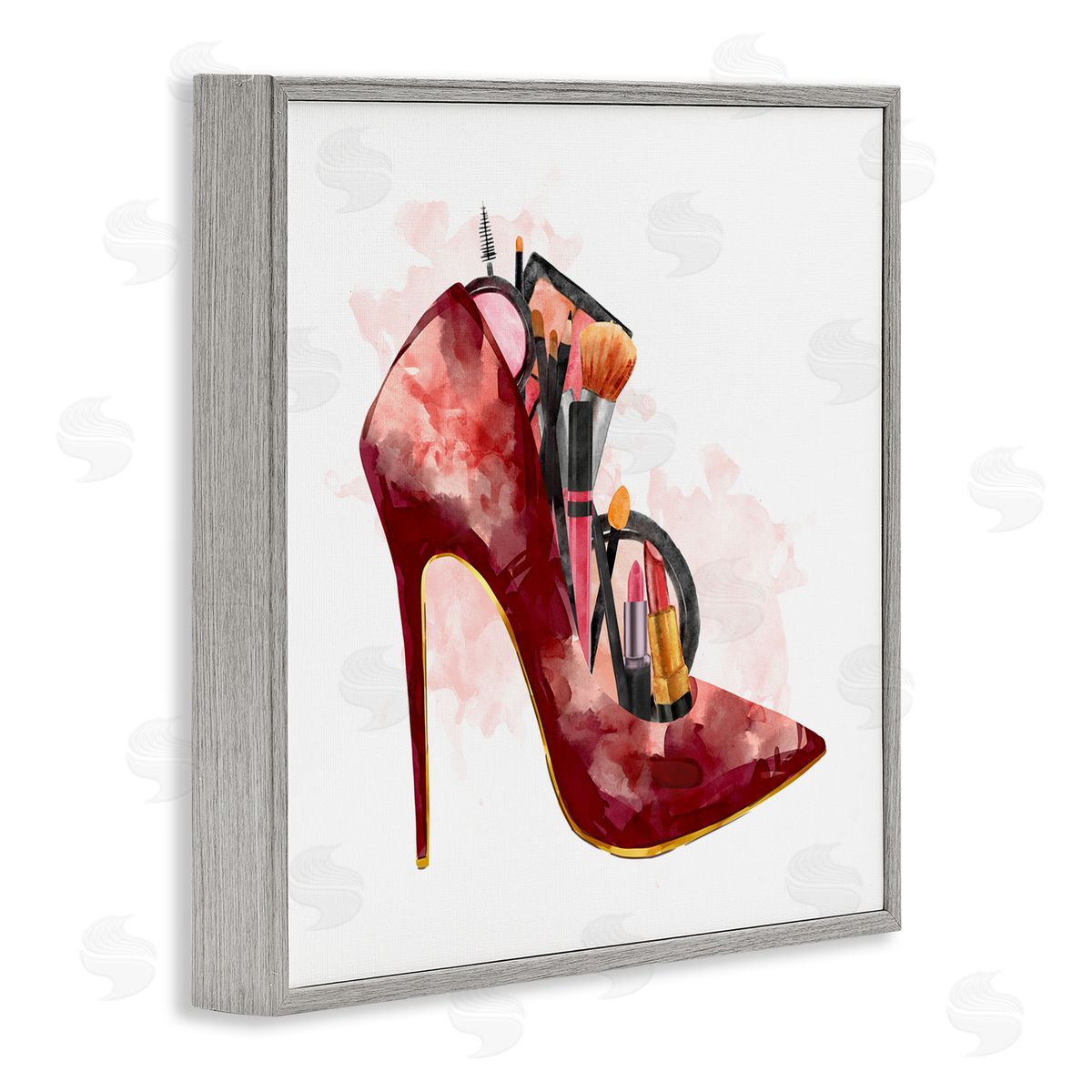 Ziwei Li Red Fashion Heels with Cosmetic Accessories Gray Framed Giclee Wall Art