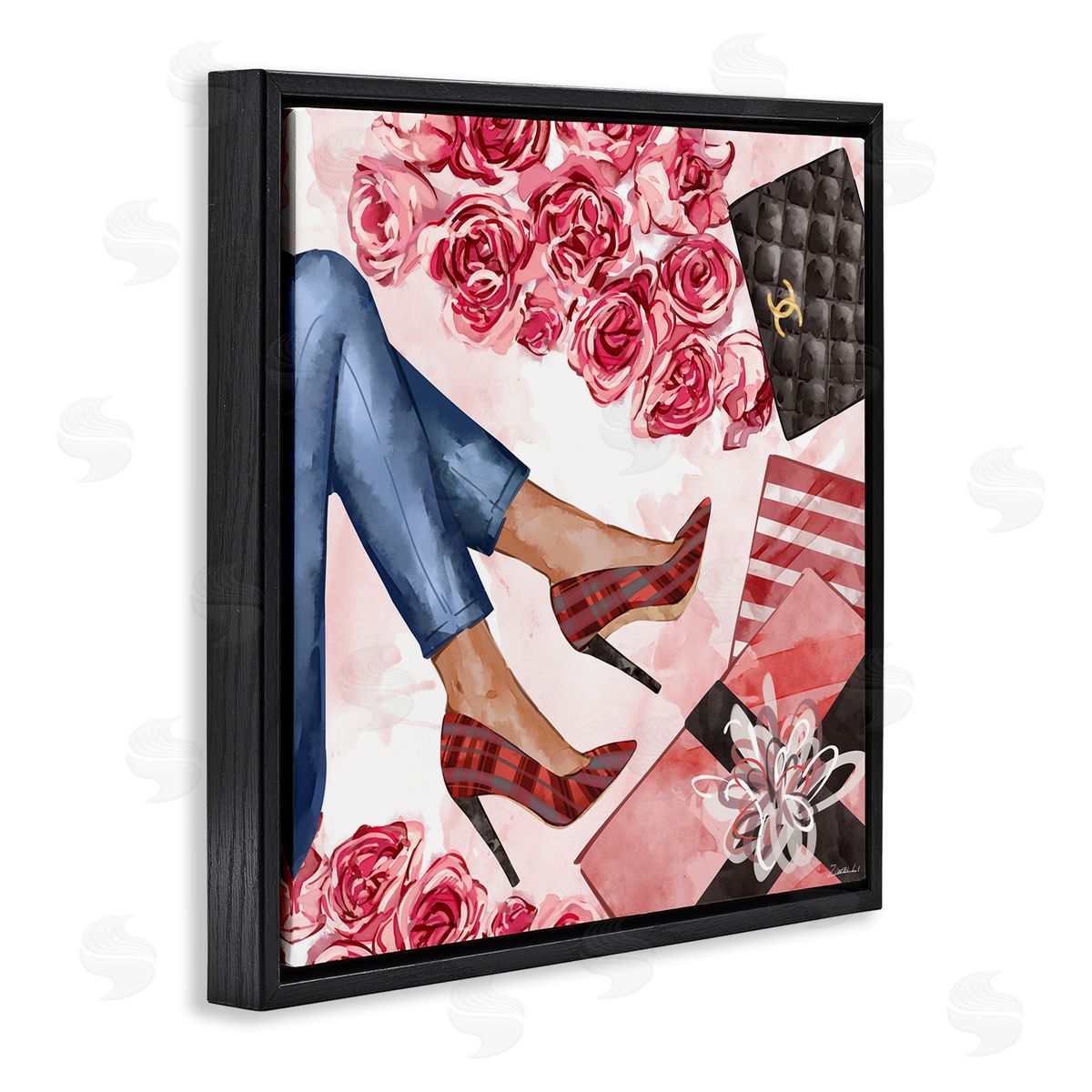 Ziwei Li Red Plaid Heels Pink Florals Wrapped Presents Black Floater Frame Canvas Art