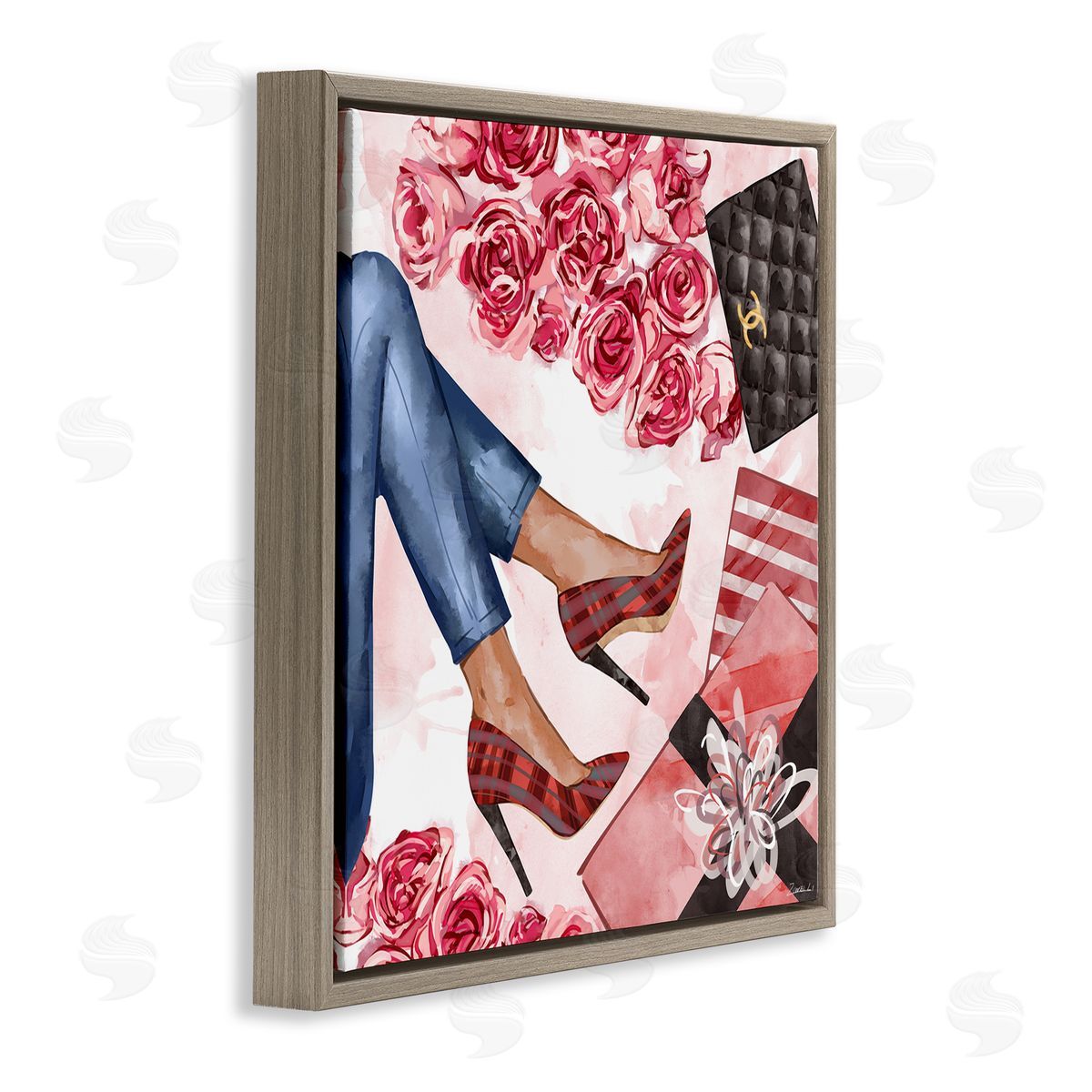 Ziwei Li Red Plaid Heels Pink Florals Wrapped Presents Brown Floater Frame Canvas Art