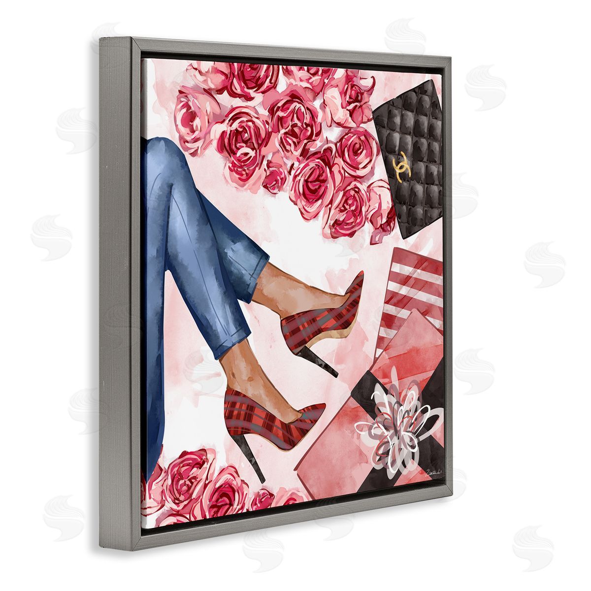 Ziwei Li Red Plaid Heels Pink Florals Wrapped Presents Gray Floater Frame Canvas Art