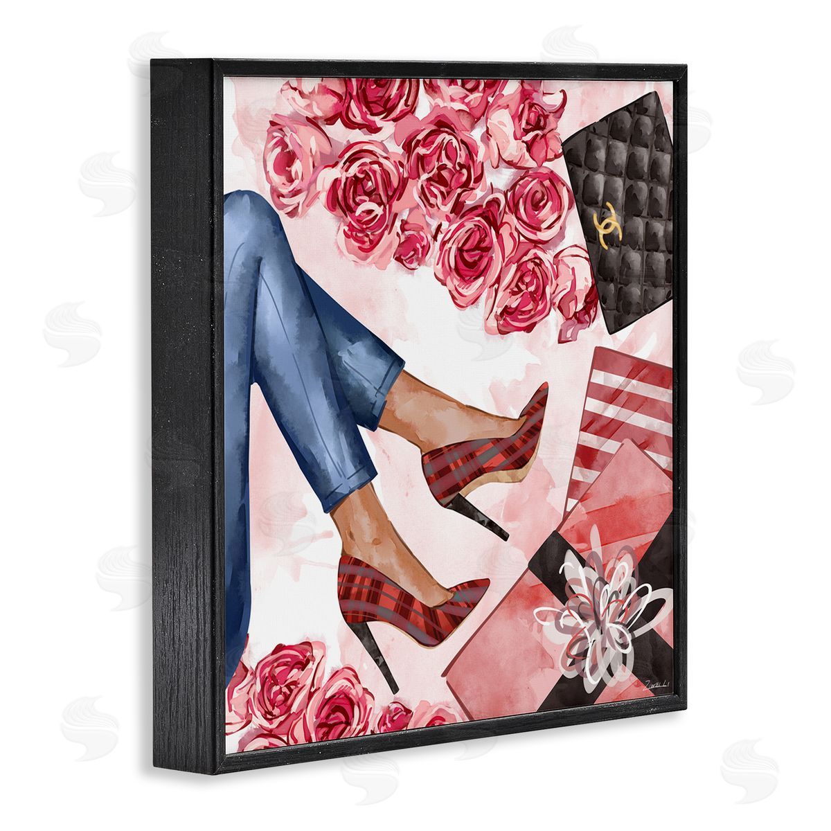 Ziwei Li Red Plaid Heels Pink Florals Wrapped Presents Black Framed Giclee Wall Art