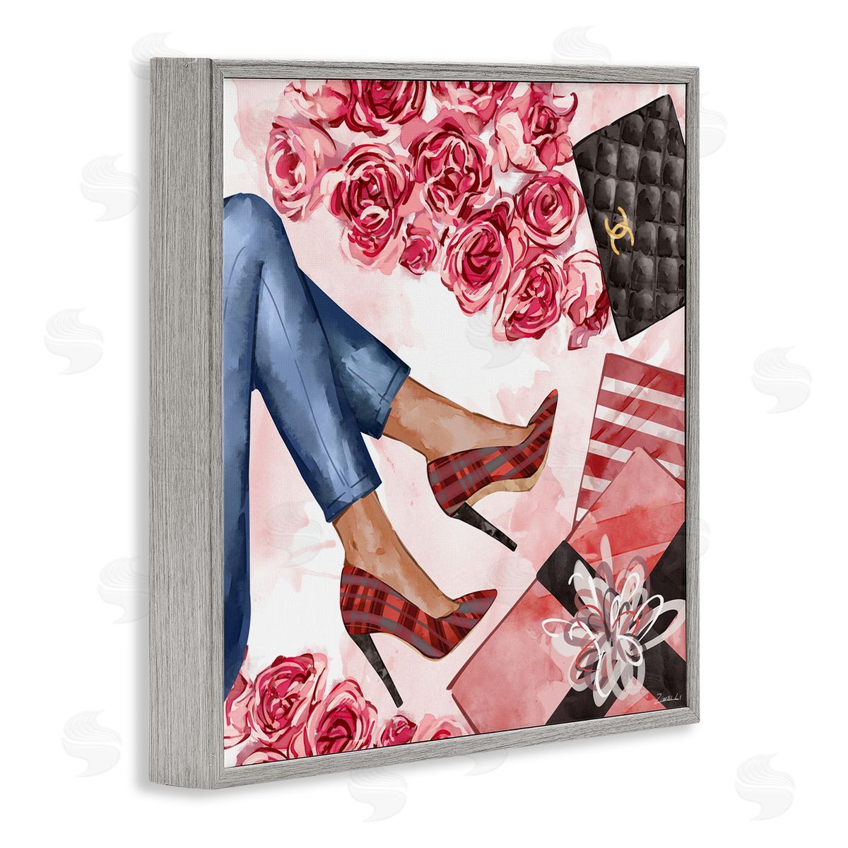 Ziwei Li Red Plaid Heels Pink Florals Wrapped Presents Gray Framed Giclee Wall Art