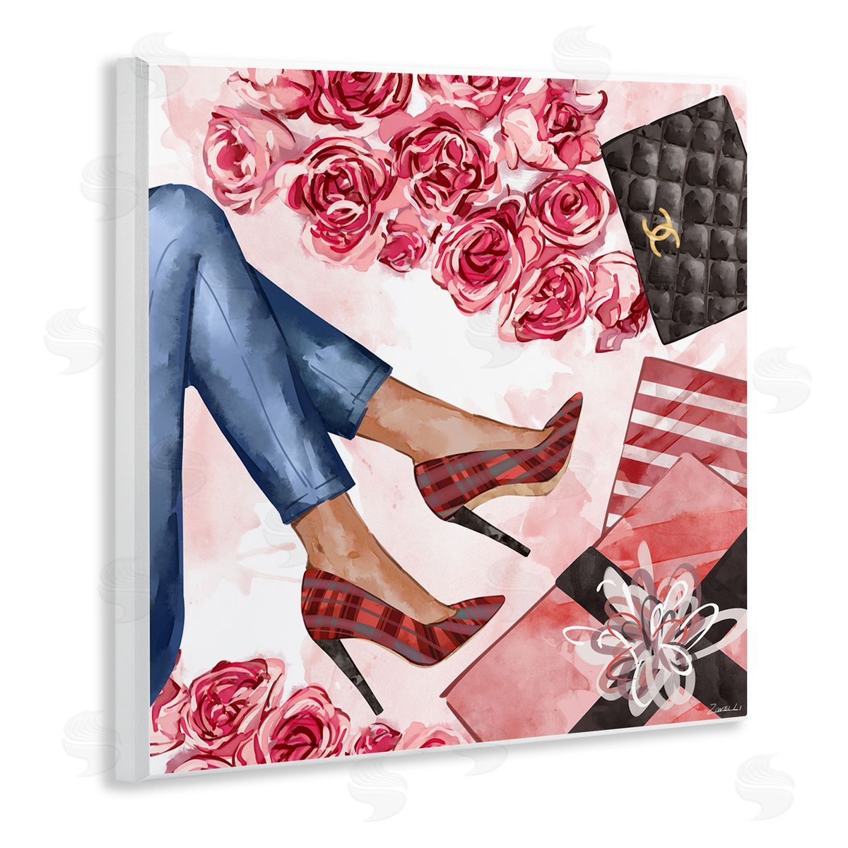 Ziwei Li Red Plaid Heels Pink Florals Wrapped Presents Wall Plaque Art