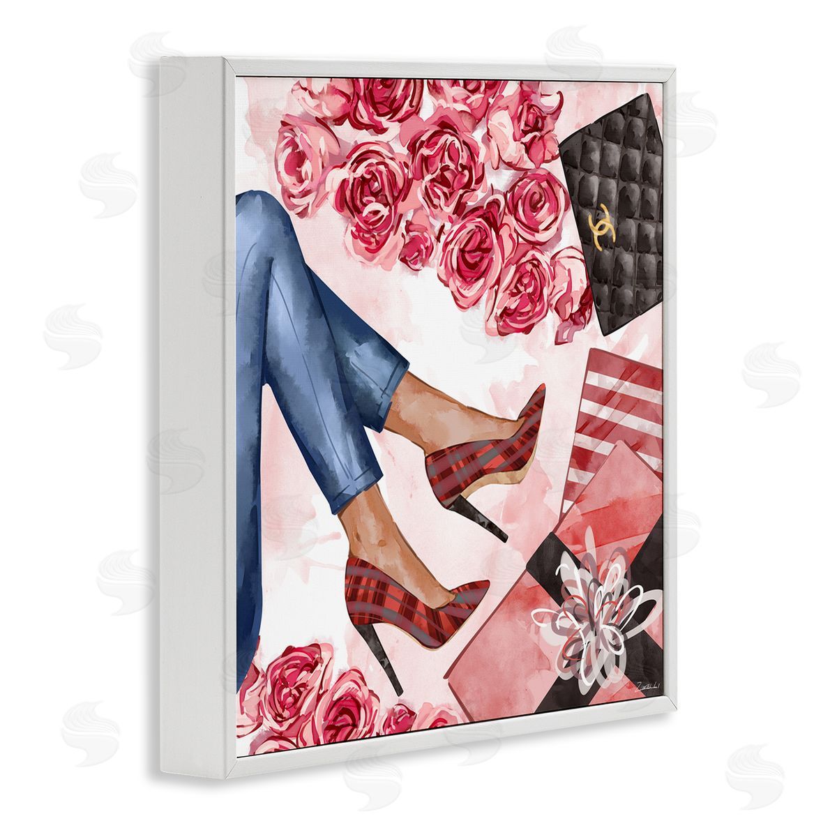 Ziwei Li Red Plaid Heels Pink Florals Wrapped Presents White Framed Giclee Wall Art