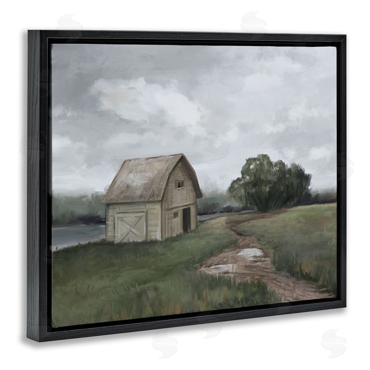 Ziwei Li Cloudy Barn Side Landscape Darkened Meadow  Black Floater Frame Canvas Art