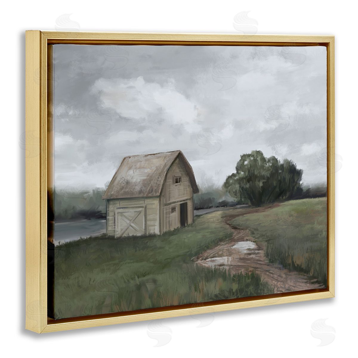 Ziwei Li Cloudy Barn Side Landscape Darkened Meadow  Gold Floater Frame Canvas Art