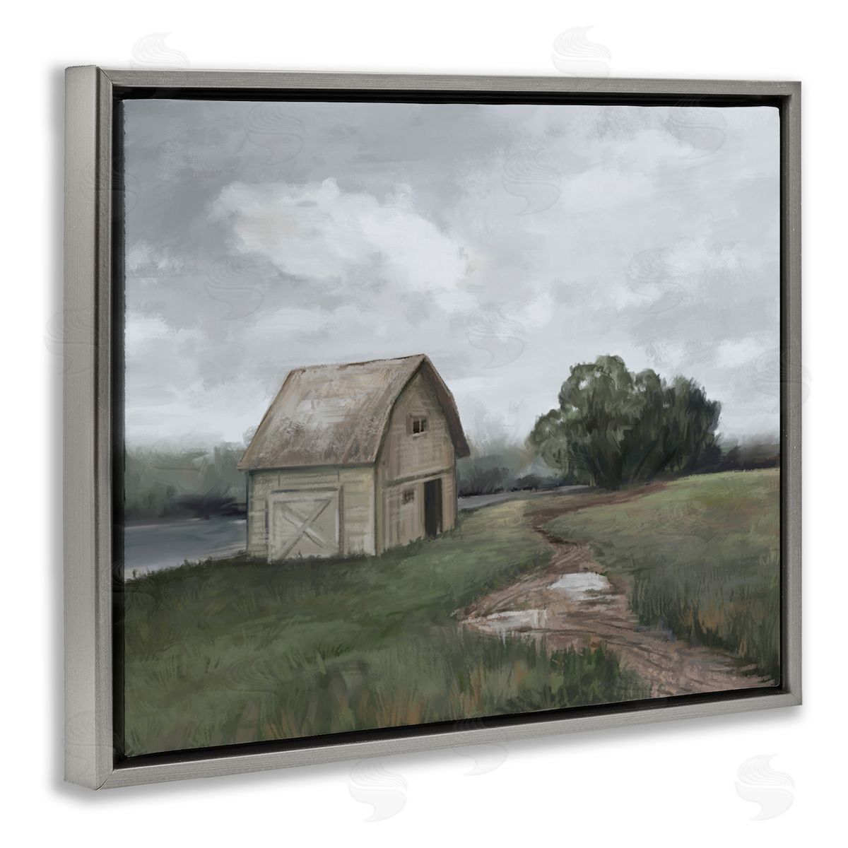 Ziwei Li Cloudy Barn Side Landscape Darkened Meadow  Gray Floater Frame Canvas Art