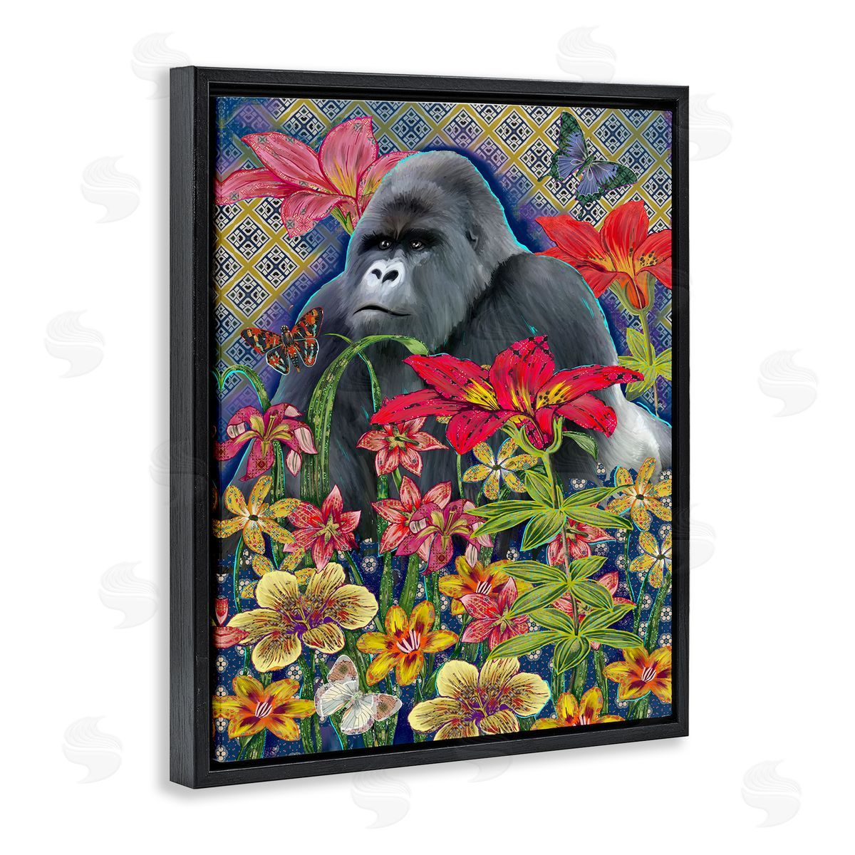 Sangita Bachelet Gorilla Standing Behind Tropical Florals Geometric Pattern Black Floater Frame Canvas Art