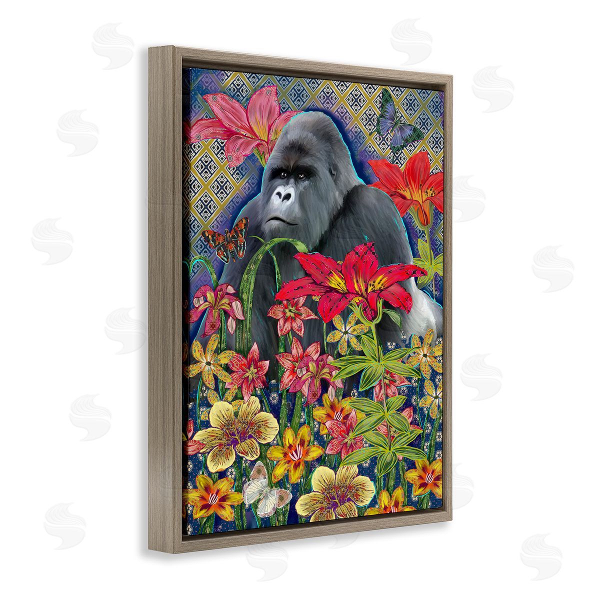 Sangita Bachelet Gorilla Standing Behind Tropical Florals Geometric Pattern Brown Floater Frame Canvas Art
