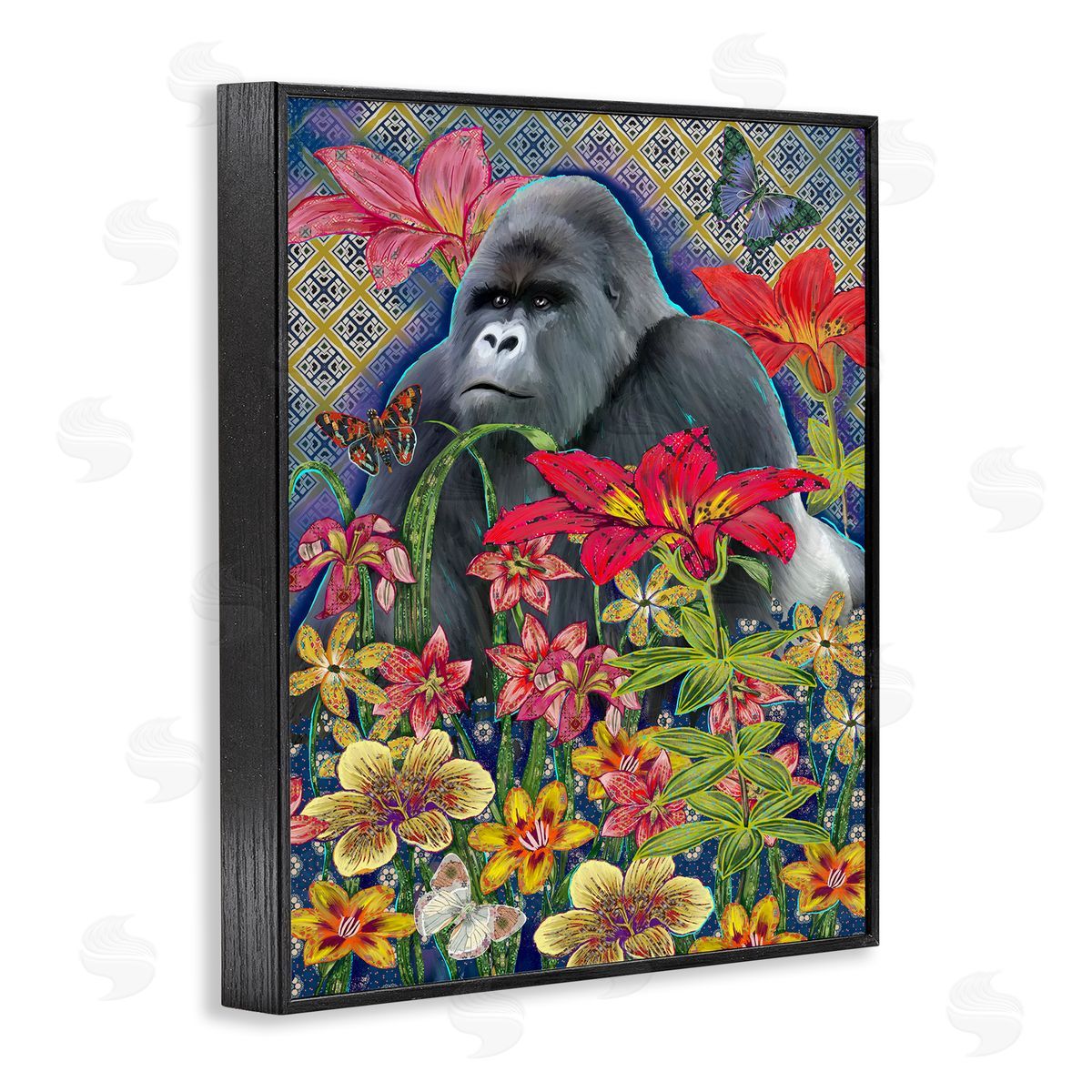 Sangita Bachelet Gorilla Standing Behind Tropical Florals Geometric Pattern Black Framed Giclee Wall Art