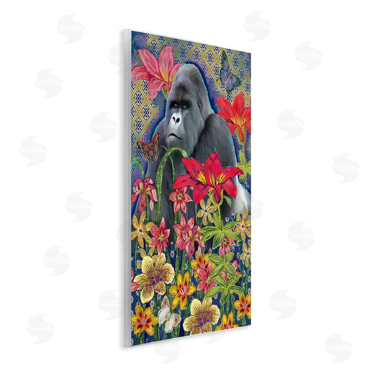 Sangita Bachelet Gorilla Standing Behind Tropical Florals Geometric Pattern Wall Plaque Art