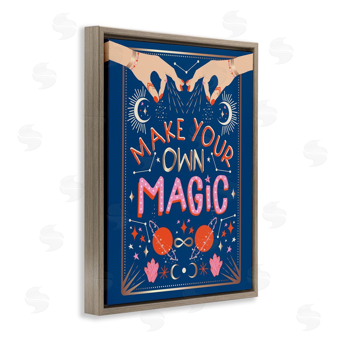Hannah Heemsbergen Make Your Magic Phrase Fashion Hands and Constellations Brown Floater Frame Canvas Art