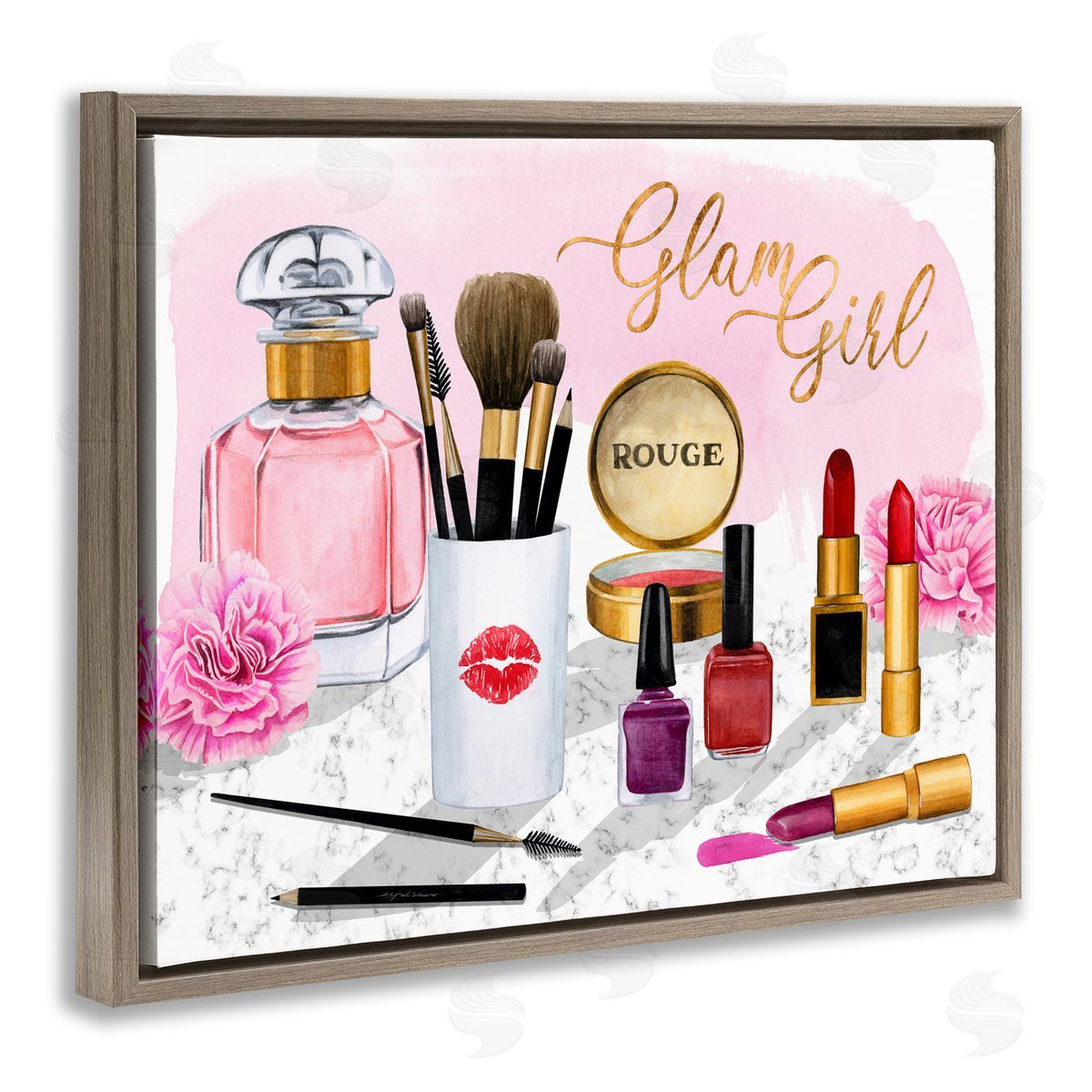 Grace Popp Glam Girl Phrase with Fashion Cosmetic Accessories Brown Floater Frame Canvas Art